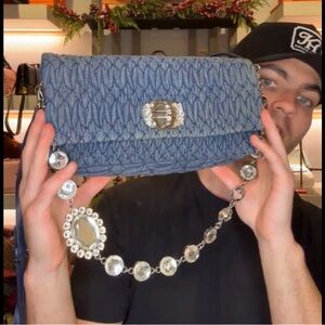 Miu Miu Blue Quilted Shoulder Bag with Crystal Chain